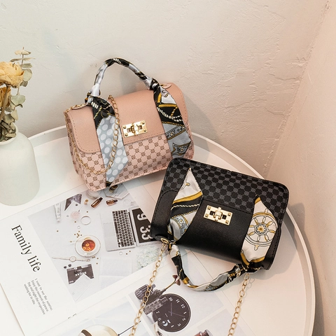 Vintage Monogram Women Small Square Bag With Scarf Wrapped Handle And Gold Chain PU Leather Crossbody Handbag Fashion Bag