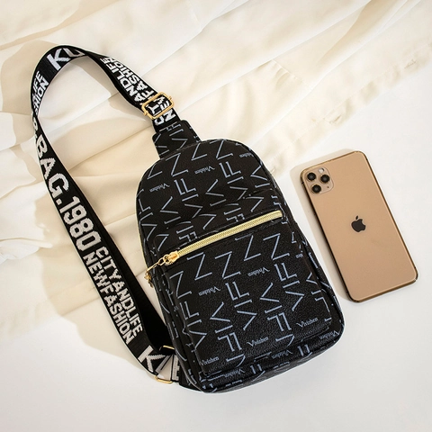 Women Retro PU Leather Chest Bag With Headphone Hole Letter Print Crossbody Bag Wide Strap Multi Layer Shoulder Sling Bag For Travel Daily