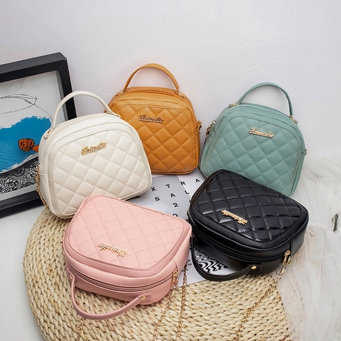 Quilted Shoulder Bag PU Leather Rhomboid Pattern Chain Strap Top Handle Fashion Crossbody Small Square Purse For Women