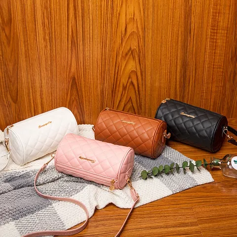 Cilinder Crossbodytas PU Leer Gewatteerd Ruitpatroon Verstelbare Riem Retro Elegante Schoudertas Voor Dames