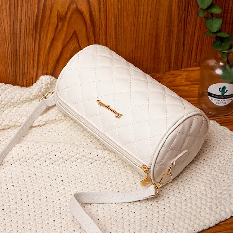 Cilinder Crossbodytas PU Leer Gewatteerd Ruitpatroon Verstelbare Riem Retro Elegante Schoudertas Voor Dames