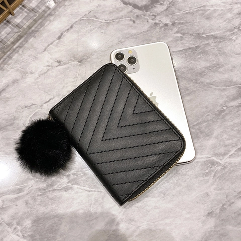 Cartera De Mujer Cuero PU Acolchado En V Corta Cremallera Tarjetero Monedero Con Pompón