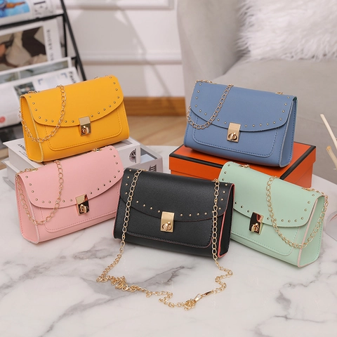 Women's Fashion PU Leather Small Square Bag Rivet Decor Gold Chain Strap Rotating Lock Flap Crossbody Bag Solid Color Handbag