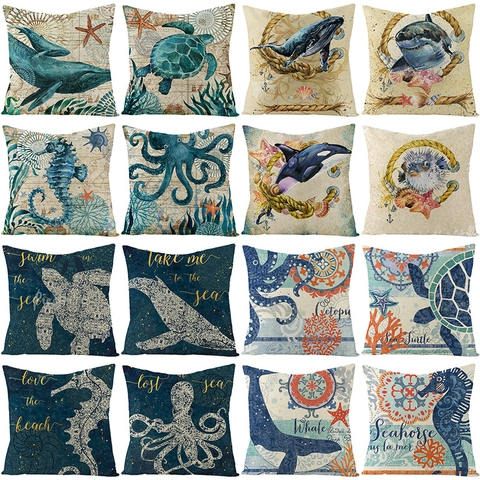 Kussenhoezen Zeedieren Oceaan Serie Polyester Linnen Textuur Nautisch Vintage Kussenslopen Voor Sofa Huis Decoratie