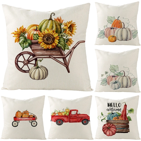 Thanksgiving Autumn Pumpkin Linen Throw Pillow Cover Harvest Sunflower Vintage Truck Decorative Cushion Case For Sofa Home Decor