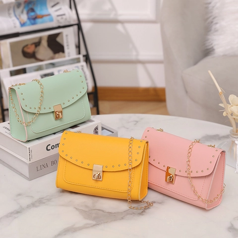 Women's Fashion PU Leather Small Square Bag Rivet Decor Gold Chain Strap Rotating Lock Flap Crossbody Bag Solid Color Handbag