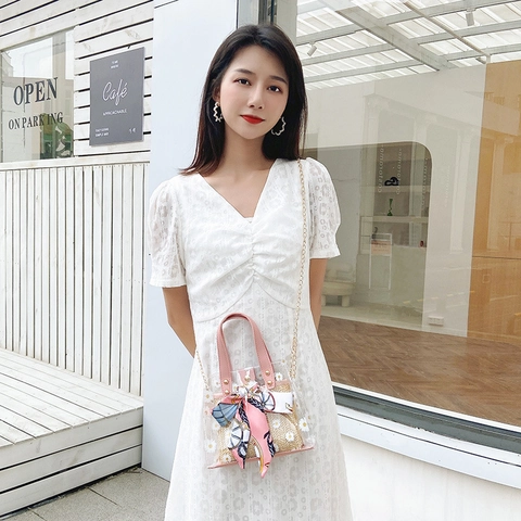 Gänseblümchen Transparente PVC Tragetasche Mit Stroh-Innentasche Satinnschal Schleife Metallkette Sommer Strand Damen Tasche