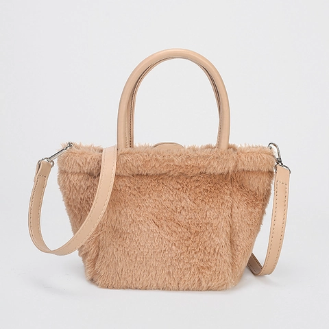 Women Faux Fur Handbag With PU Leather Handle And Detachable Shoulder Strap Retro Soft Plush Mini Tote Bag For Winter
