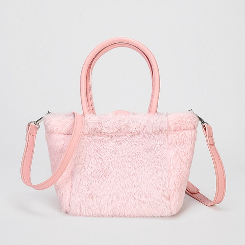 Women Faux Fur Handbag With PU Leather Handle And Detachable Shoulder Strap Retro Soft Plush Mini Tote Bag For Winter