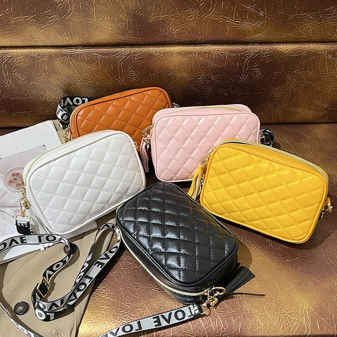 Quilted Crossbody Bag PU Leather Small Shoulder Camera Bag With Letter Print Wide Strap Tassel Decoration