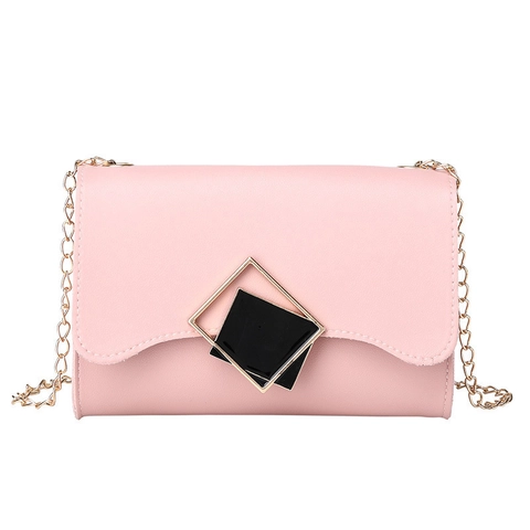 Borsa a Tracolla Piccola Quadrata da Donna in Pelle PU con Catena e Fibbia Geometrica Tinta Unita per Uso Quotidiano