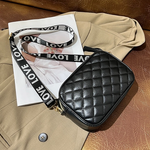 Quilted Crossbody Bag PU Leather Small Shoulder Camera Bag With Letter Print Wide Strap Tassel Decoration