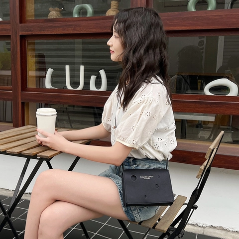 Hollow Circular Hole Crossbody Bag PU Leather Letter Print Chic Small Square Shoulder Purse For Women Daily Fashion