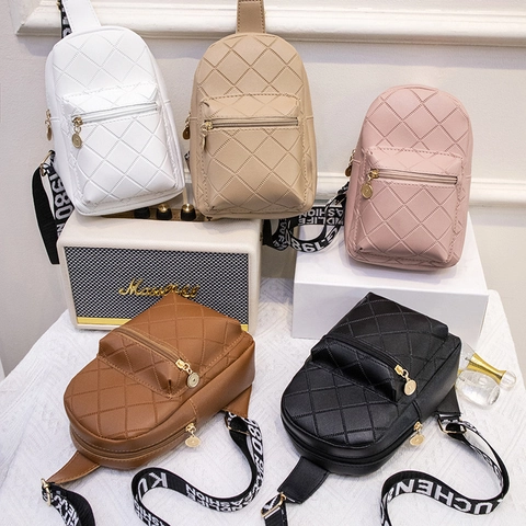 Women Waist Bag PU Leather Rhombic Quilted Wide Letter Print Strap Casual Fashion Chest Crossbody Pack