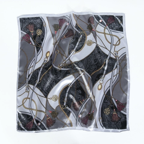 Foulard Carré Élégant en Satin pour Femmes Imprimé Floral Rétro à Chaîne et Mors de Cheval pour Cheveux Cou et Sac à Main