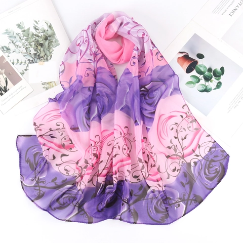 Women Elegant Floral Rose Print Chiffon Scarf Gradient Long Shawl Wrap Sun Protection Lightweight Beach Scarf For Ladies