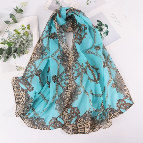 Écharpe en Chiffon Imprimé Léopard pour Femmes Élégant Motif Chaîne Dorée Baroque Long Châle Doux Léger Protection Solaire Accessoire