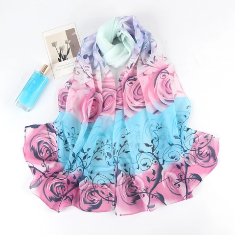Women Elegant Floral Rose Print Chiffon Scarf Gradient Long Shawl Wrap Sun Protection Lightweight Beach Scarf For Ladies