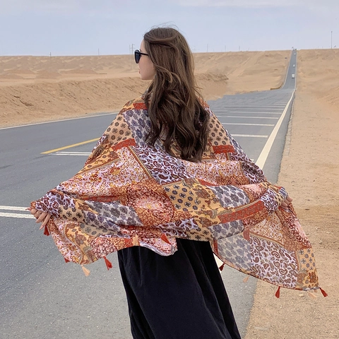 Dames Boheems Etnisch Print Sjaal Kwastje Lang Lichtgewicht Zonbescherming Reizen Shawl Polyester Paisley Bloemen Wrap