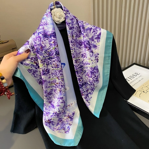 Women Elegant Faux Satin Square Scarf Lavender Floral Butterfly Print Satin Neck Kerchief Hair Bandana Lightweight French Style