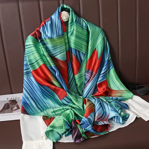 Lange Satijnen Sjaal Omslagdoek Satijngevoel Abstracte Geometrische Lijnprint Zonbescherming Retro Boheemse Stijl Voor Dames