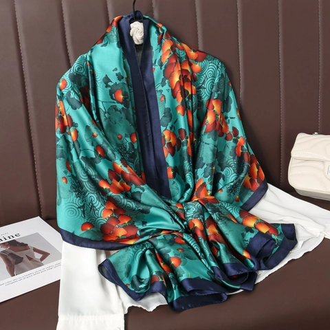 Large Satin Scarf Ginkgo Leaf Print Satin Like Shawl Sun Protection Elegant Fashion Wraps For Women