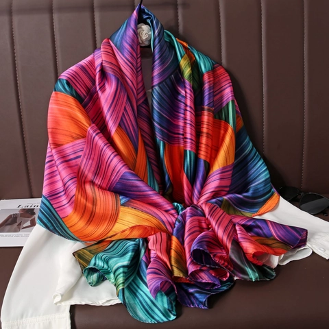 Lange Satijnen Sjaal Omslagdoek Satijngevoel Abstracte Geometrische Lijnprint Zonbescherming Retro Boheemse Stijl Voor Dames