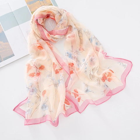 Women's Floral Georgette Scarf Thin Sun Protection Beach Shawl Lightweight Polyester Flower Print Long Scarf For Summer Travel
