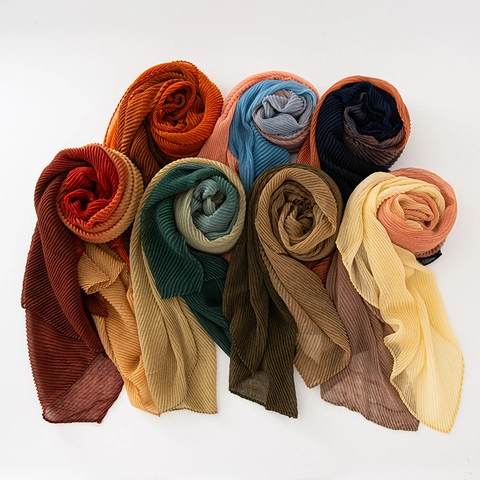 Women Fashion Pleated Gradient Scarf Cotton Linen Blend Color Block Long Shawl Lightweight Sun Protection Wrap Casual Elegant Accessories
