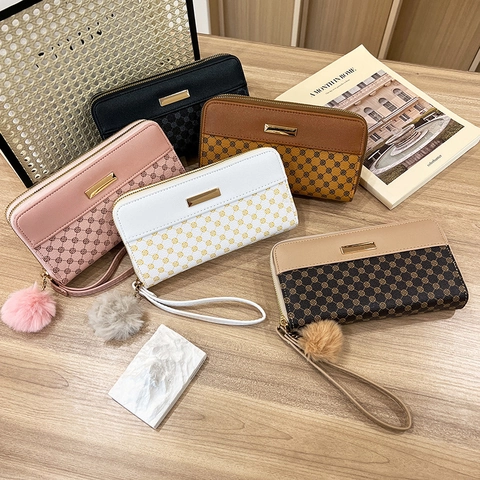 Cartera Larga Para Mujer Cuero PU Color De Contraste Estampado Retro Bolso De Mano Con Cremallera Y Pompón