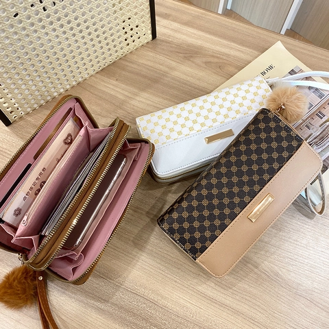 Cartera Larga Para Mujer Cuero PU Color De Contraste Estampado Retro Bolso De Mano Con Cremallera Y Pompón