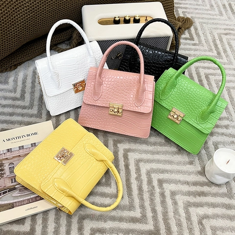 Damen Handtaschen Mit Kroko Muster PU Leder Kleine Quadratische Tasche Goldkette Umhängetasche Retro Mode