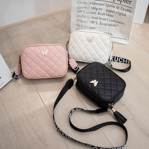 Women Quilted Crossbody Bag PU Leather Diamond Pattern Butterfly Decor Tassel Wide Letter Strap Fashion Camera Bag