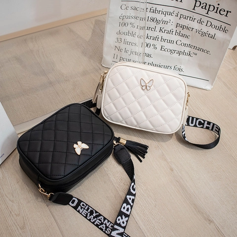 Women Quilted Crossbody Bag PU Leather Diamond Pattern Butterfly Decor Tassel Wide Letter Strap Fashion Camera Bag