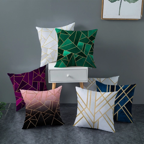 Housse de Coussin Géométrique Moderne Ligne Dorée Peau de Pêche Taie d'Oreiller Décorative pour Canapé Bureau Maison Carrée