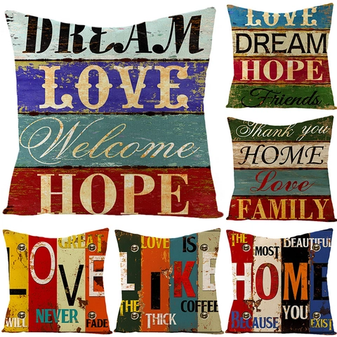 Taie d'Oreiller en Lin Vintage Patchwork Grain de Bois Citations Inspirantes Carrée Housse de Coussin Décorative Pour Canapé Maison