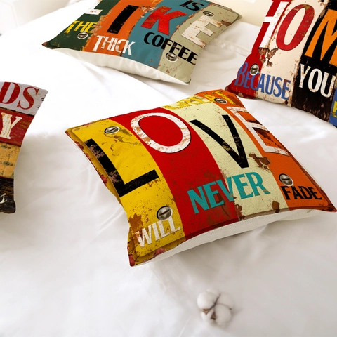 Taie d'Oreiller en Lin Vintage Patchwork Grain de Bois Citations Inspirantes Carrée Housse de Coussin Décorative Pour Canapé Maison