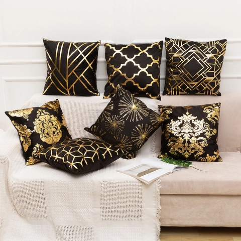 Decoratieve Kussensloop Zwart Goud Stempel Korte Pluche Modern Geometrisch Noords Kussenhoes Luxe Sofa Decor