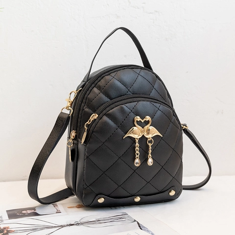 Mini Mochila Para Mujer De Cuero PU Acolchado Con Patrón De Diamantes Pequeña Mochila De Moda Dije Dorado