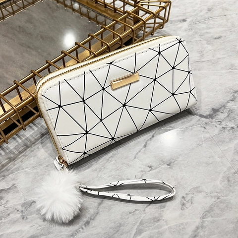 Damen Lange Geldbörse Geometrisches Spleißen PU-Leder Reißverschluss Geldbeutel Mit Pompon-Anhänger Handschlaufe Handtasche