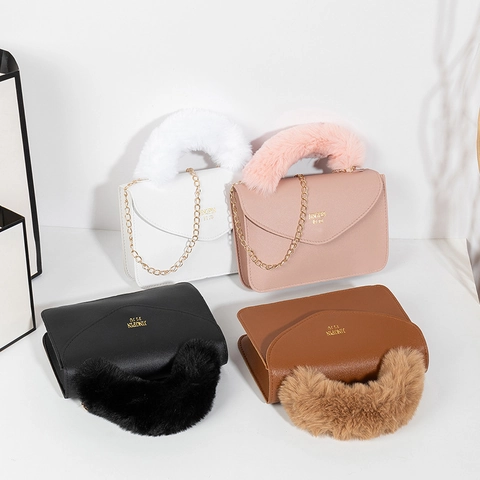 Borsa A Spalla Da Donna In Pelle PU Con Manico In Pelliccia Sintetica E Catena Dorata Piccola Borsa A Tracolla Quadrata