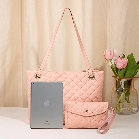 Conjunto de Bolso Tote Acolchado para Mujer Gran Capacidad Cuero PU Patrón de Rombos Bolso de Hombro Con Estuche a Juego Uso Diario