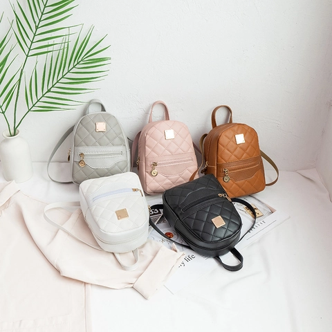 Women Mini Backpack Quilted PU Leather Diamond Pattern Fashion Small Travel Bag Golden Hardware Adjustable Straps