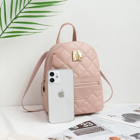 Women Mini Backpack Quilted PU Leather Diamond Pattern Fashion Small Travel Bag Golden Hardware Adjustable Straps