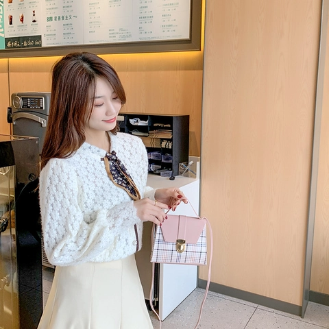 Mini Crossbody Bag PU Leather Plaid Pattern Flap Metal Lock Top Handle Vintage British Style For Women Casual