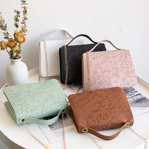 Women PU Leather Shoulder Bag Cartoon Embossed Pattern Top Handle Golden Chain Strap Crossbody Handbag Korean Style