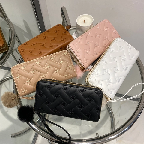 Women Long Wallet Double Zipper Heart Embroidery Woven Texture PU Leather Large Capacity Wristlet Pom Pom Handbag
