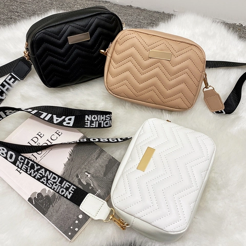 Quilted Crossbody Bag For Women PU Leather Chevron Pattern Square Camera Bag With Wide Letter Print Strap Gold Hardware