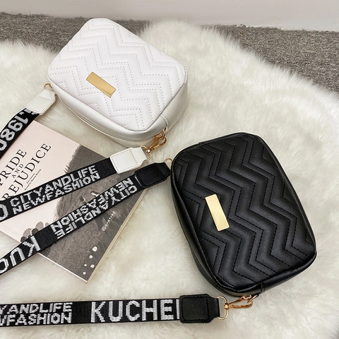 Quilted Crossbody Bag For Women PU Leather Chevron Pattern Square Camera Bag With Wide Letter Print Strap Gold Hardware