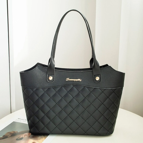 Quilted PU Leather Tote Bag Large Capacity Diamond Pattern Handbag For Women European Fashion Daily Commuting Shoulder Bag